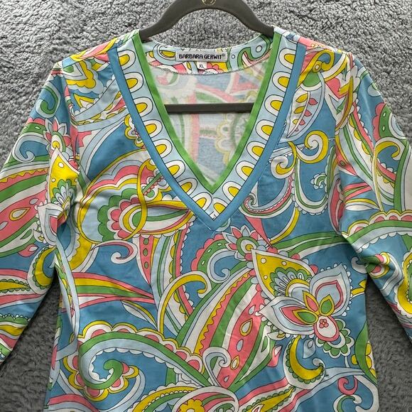 Barbara Gerwit Women's XL Colorful V-Neck Top Paisley Design Fun Bright Vacation - Picture 2 of 10